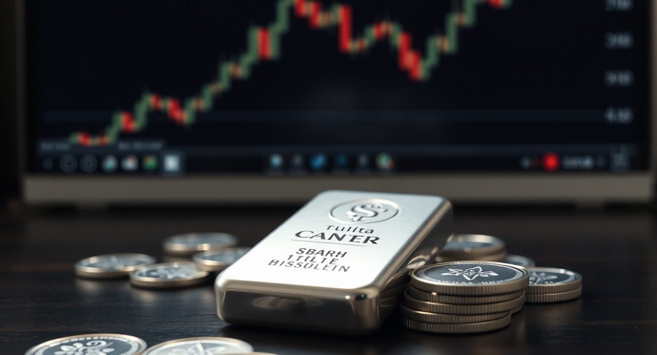 Silver bar and coins on dark wood with bearish chart in background, reflecting market downturn.