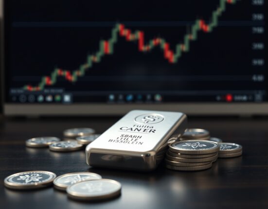 Silver bar and coins on dark wood with bearish chart in background, reflecting market downturn.