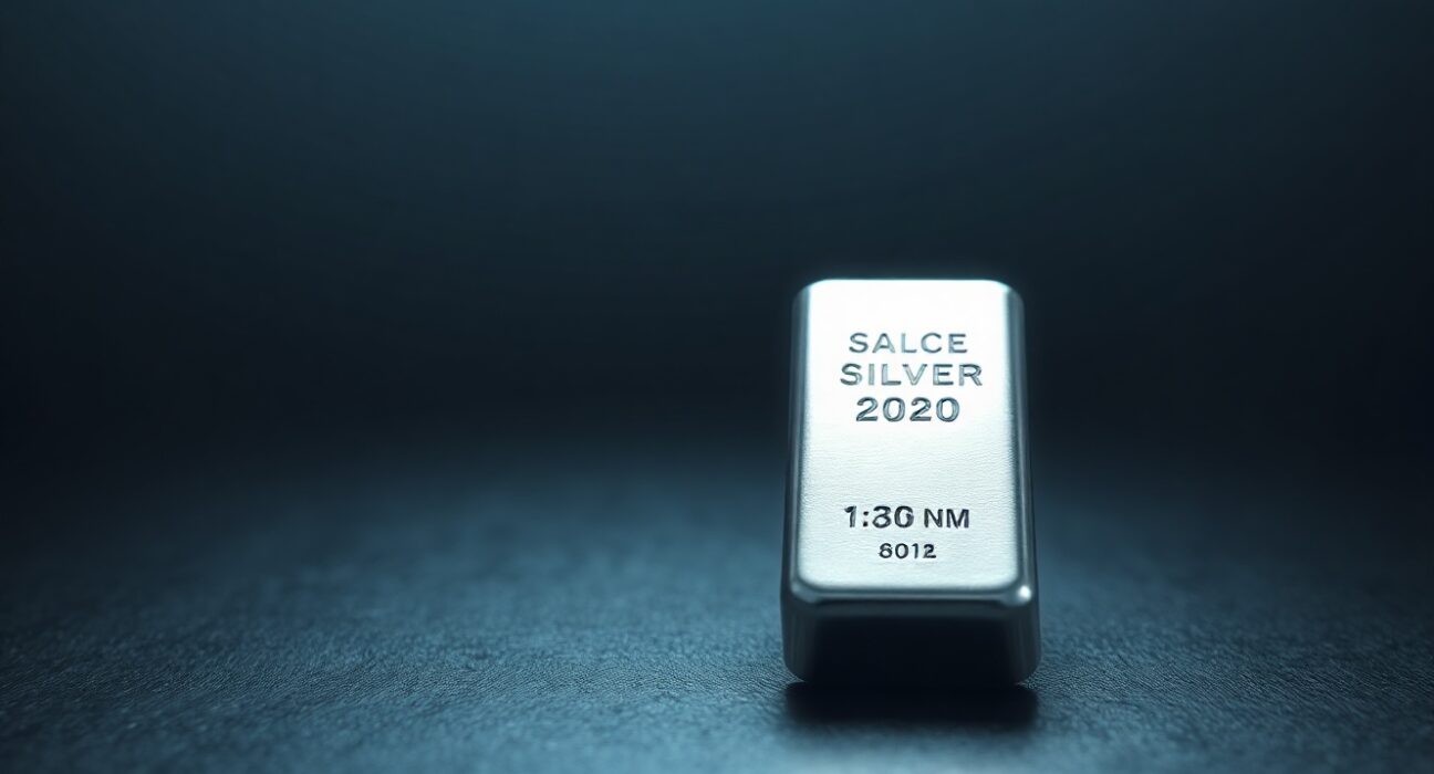 Silver bar on dark surface with soft lighting, representing precious metals market analysis.