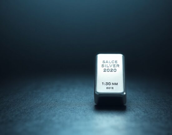 Silver bar on dark surface with soft lighting, representing precious metals market analysis.