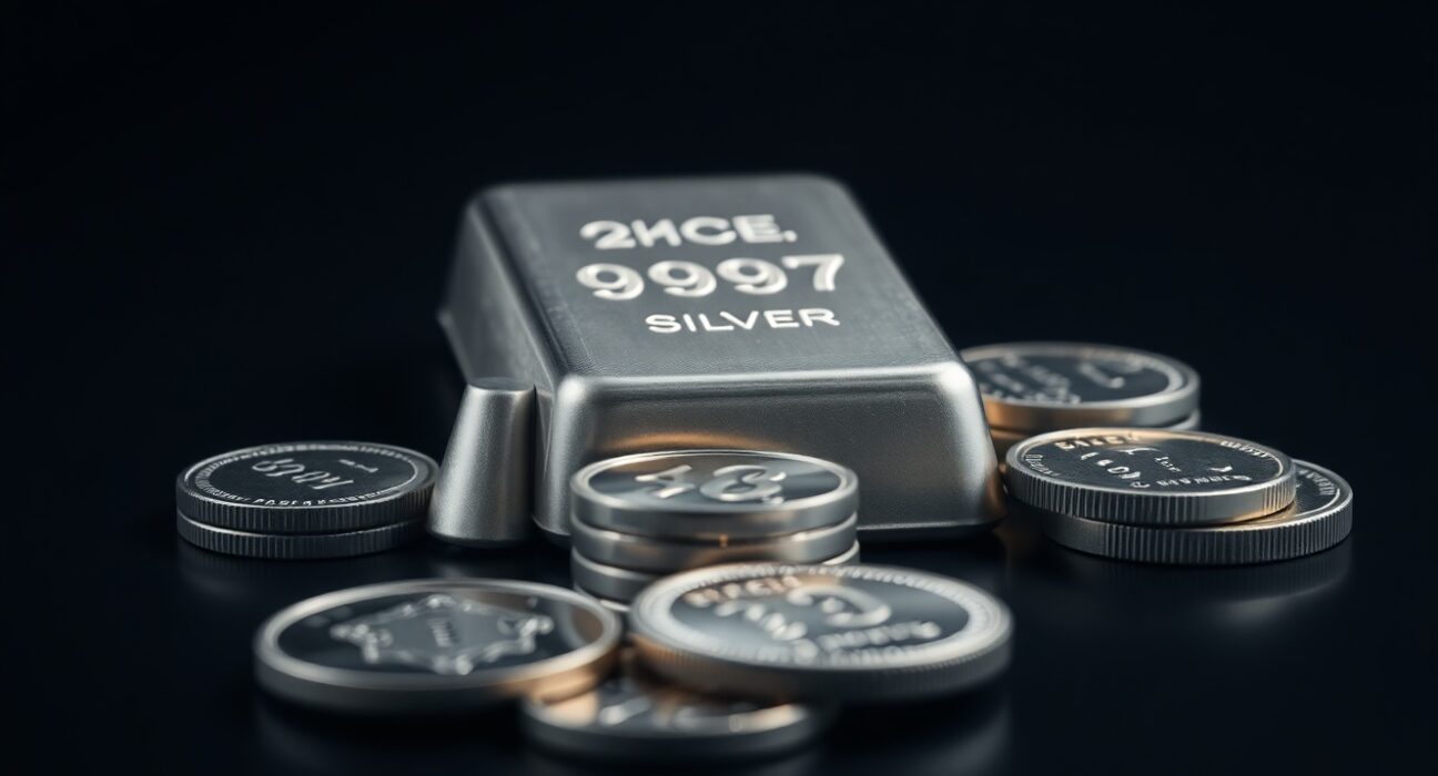 Close-up of a silver bar and coins on a dark reflective surface for a financial market analysis article.