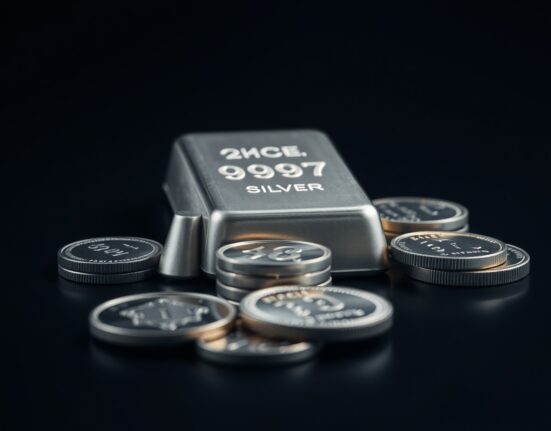 Close-up of a silver bar and coins on a dark reflective surface for a financial market analysis article.