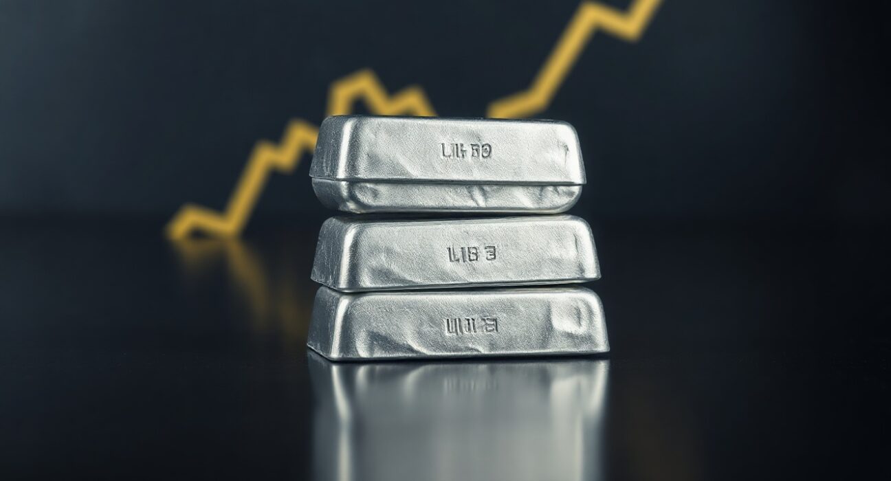 Silver bars stacked with a subtle upward trend line, representing bullish price momentum.