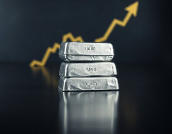 Silver bars stacked with a subtle upward trend line, representing bullish price momentum.