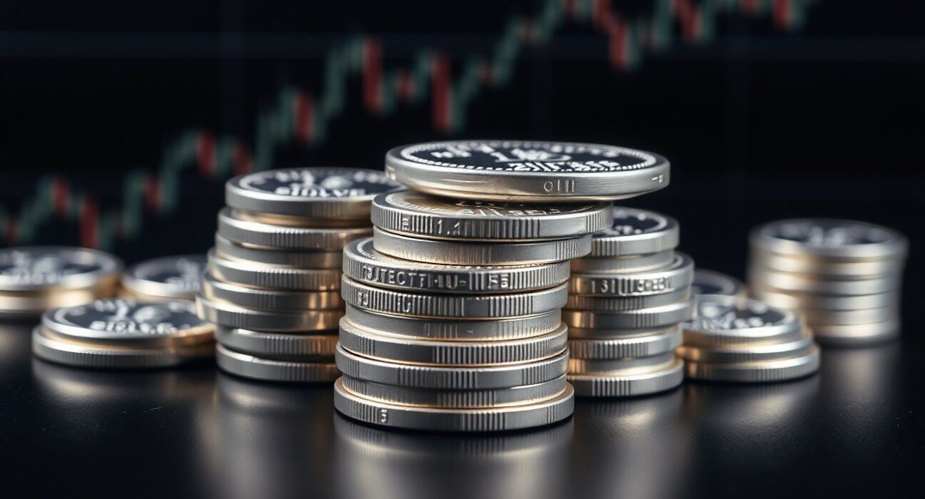 Silver bullion coins and bars with a blurred financial chart in the background