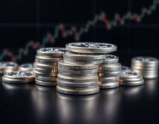 Silver bullion coins and bars with a blurred financial chart in the background