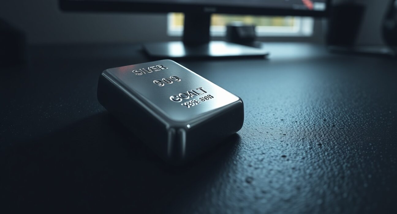 Silver bullion bar with chart showing price decline, representing the drop in XAG/USD.