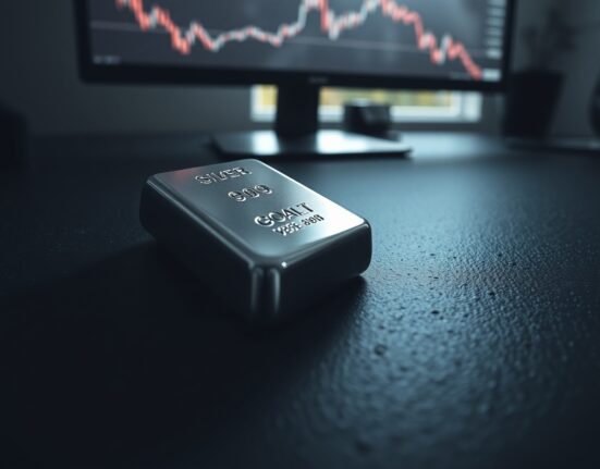 Silver bullion bar with chart showing price decline, representing the drop in XAG/USD.