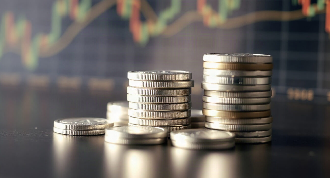 Silver bullion coins and bars with a blurred market chart in the background