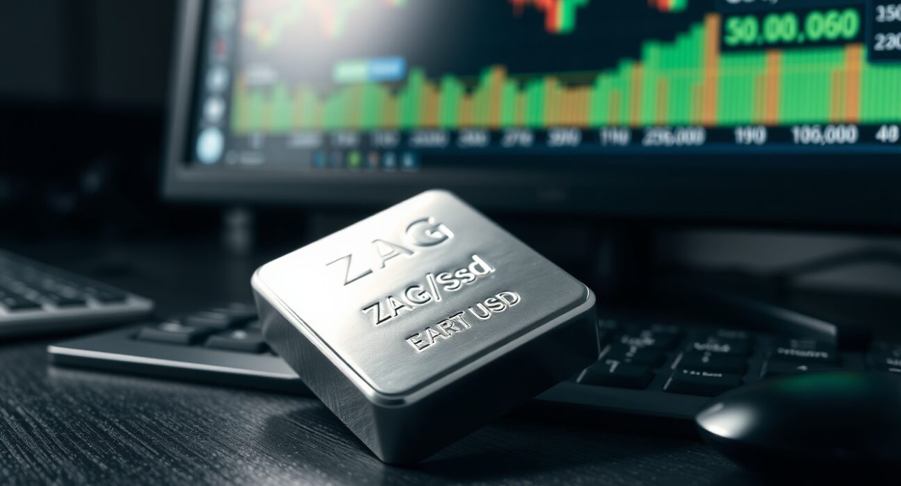 Silver bar on desk with financial charts in background