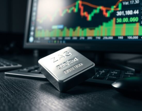 Silver bar on desk with financial charts in background