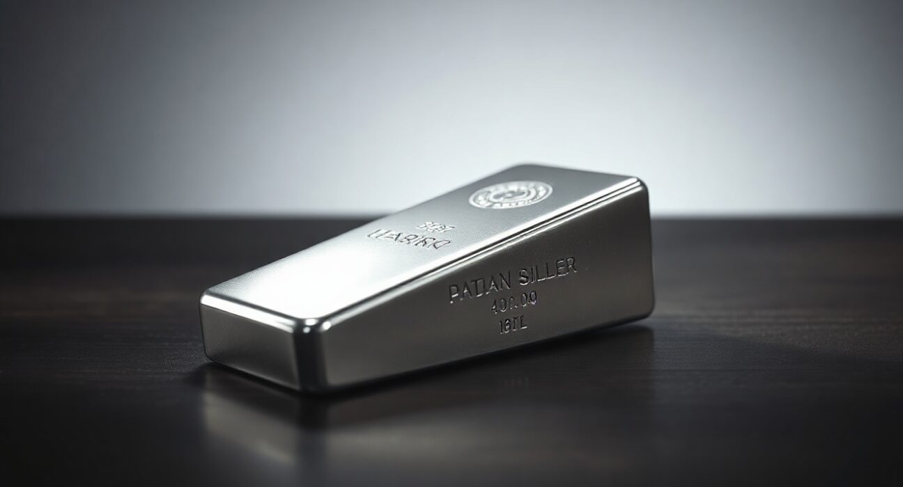 Silver bar on dark wooden surface representing precious metals market and price volatility