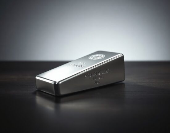 Silver bar on dark wooden surface representing precious metals market and price volatility