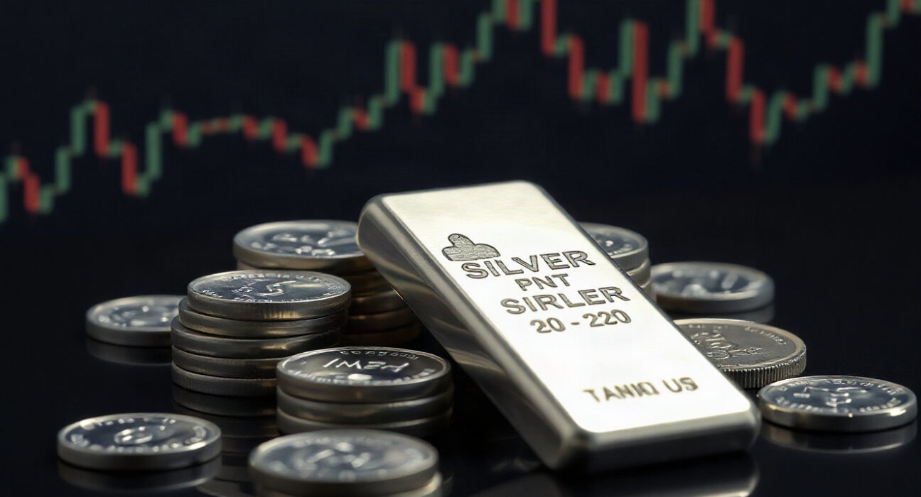 Silver bars and coins on a reflective surface with a subtle financial chart in the background