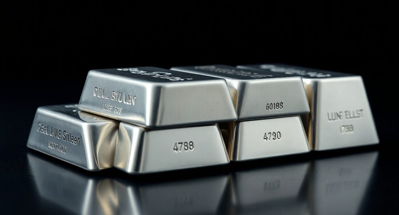 Stack of polished silver bullion bars on dark reflective surface, representing silver price and precious metals market.