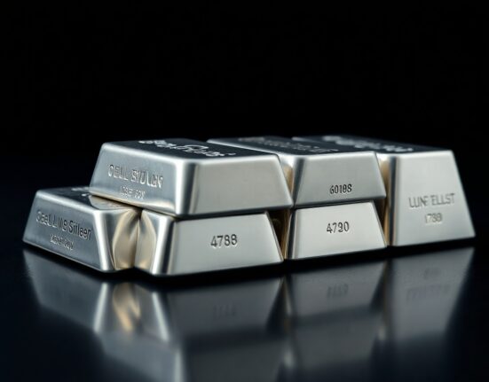 Stack of polished silver bullion bars on dark reflective surface, representing silver price and precious metals market.