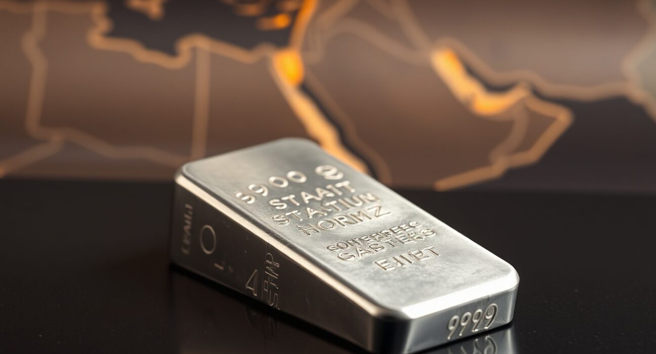 Silver bar on reflective surface with blurred map of Middle East and Strait of Hormuz in background