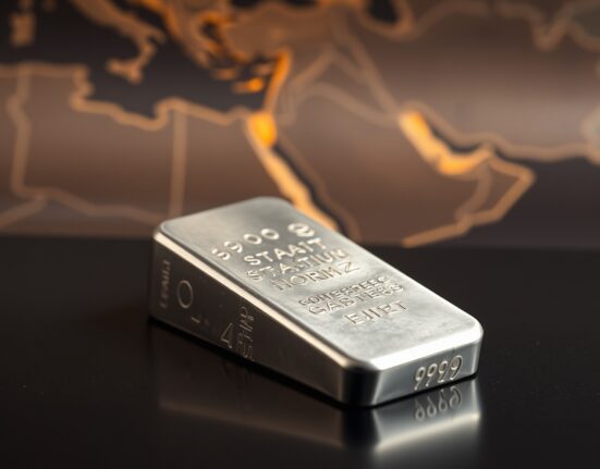 Silver bar on reflective surface with blurred map of Middle East and Strait of Hormuz in background