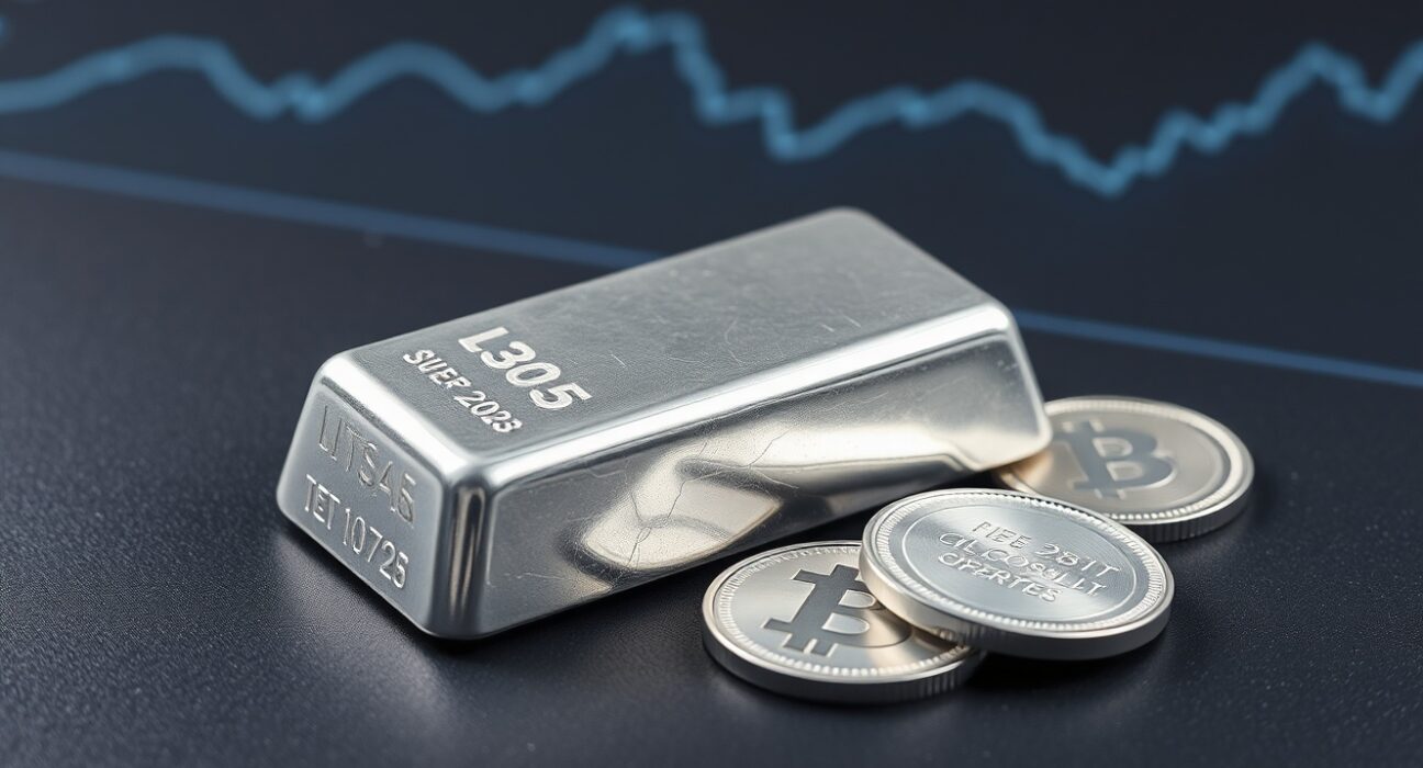 Silver bars and coins on dark surface with subtle financial chart background