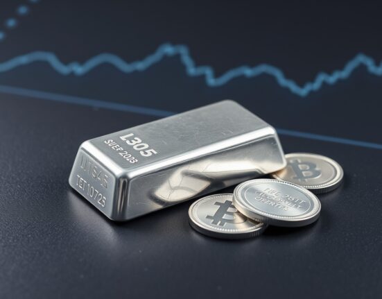 Silver bars and coins on dark surface with subtle financial chart background