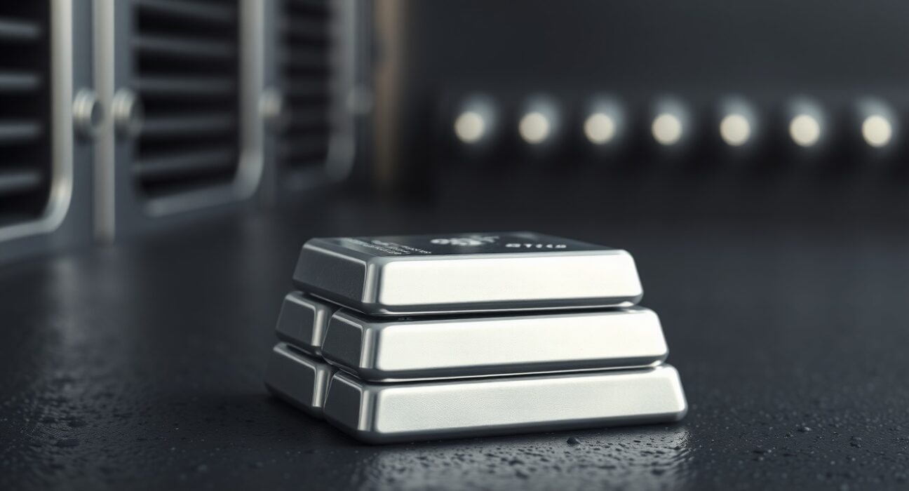 Stack of polished silver bars on a dark surface with soft lighting, representing precious metals market and safe-haven demand.