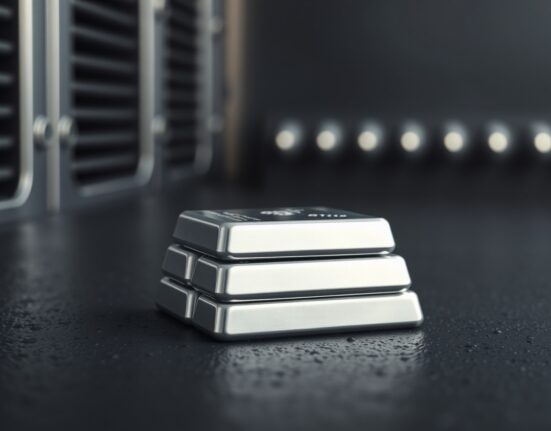 Stack of polished silver bars on a dark surface with soft lighting, representing precious metals market and safe-haven demand.