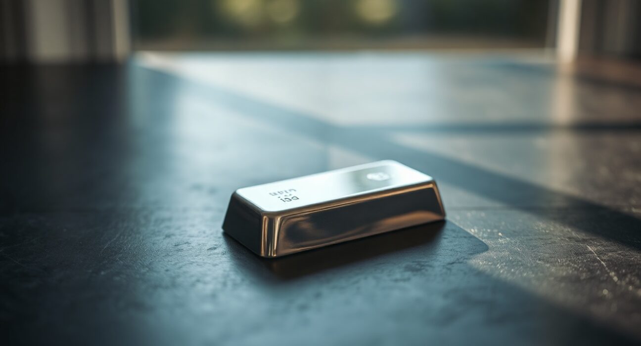 Silver bar on dark surface with soft reflections, representing precious metals market rally.