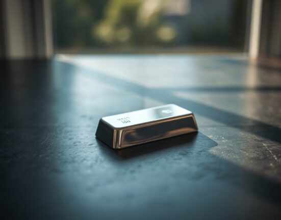 Silver bar on dark surface with soft reflections, representing precious metals market rally.