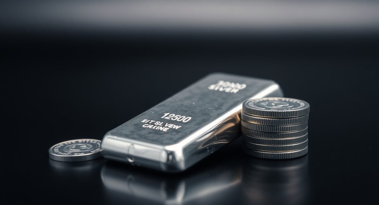 Silver bars and coins on a dark reflective surface with soft lighting