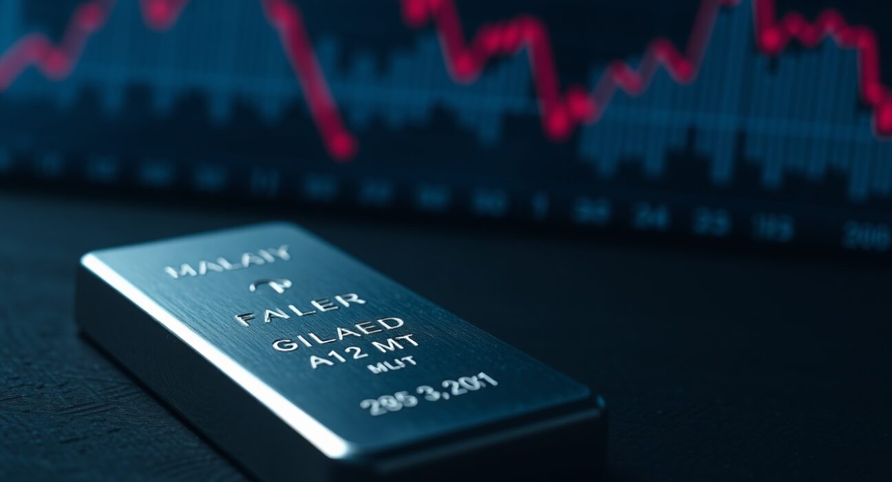 Silver bar on dark surface with financial chart showing declining prices in background