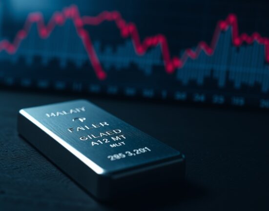 Silver bar on dark surface with financial chart showing declining prices in background