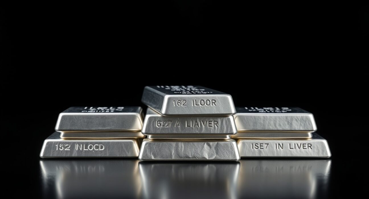 Stack of polished silver bullion bars on dark reflective surface with soft lighting