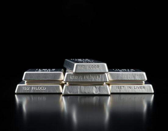 Stack of polished silver bullion bars on dark reflective surface with soft lighting