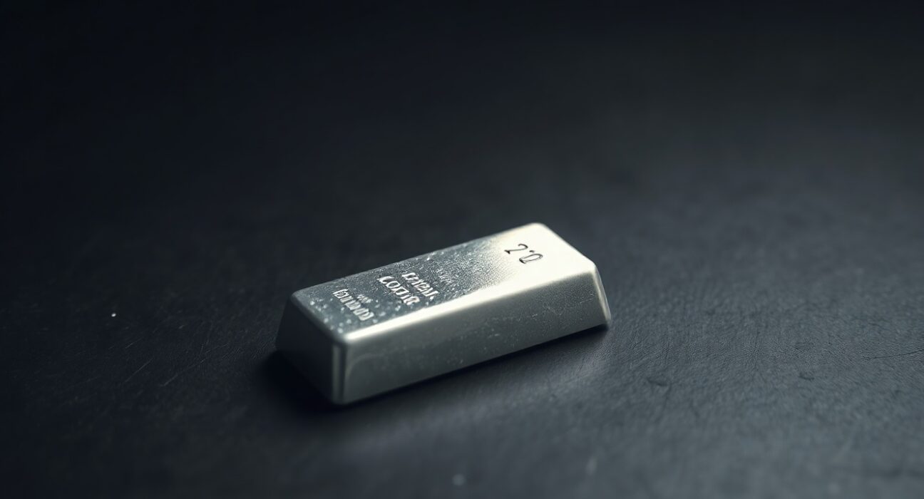 Silver bar on dark slate surface with soft lighting, representing precious metals market and XAG/USD price forecast.