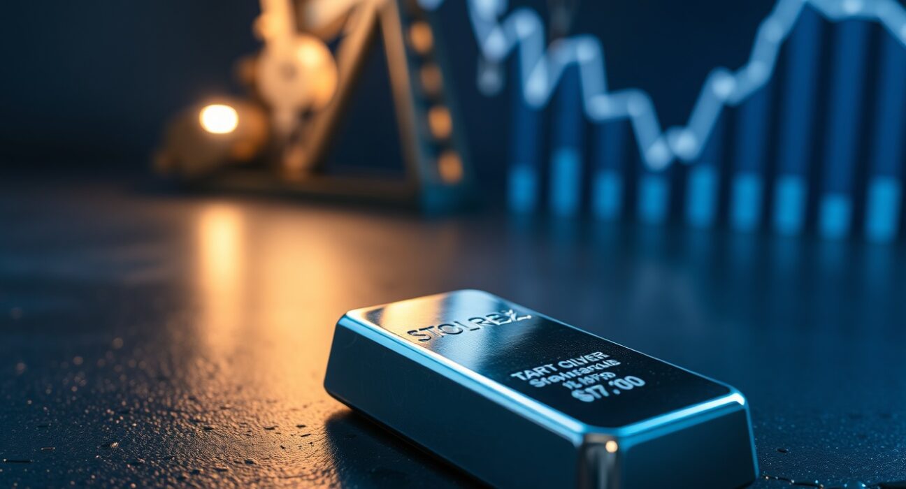 Silver bar on dark surface with oil derrick and downward chart in background, representing bearish silver price forecast.