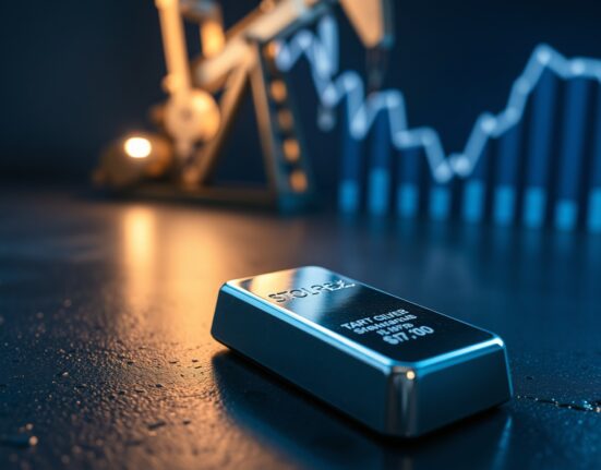 Silver bar on dark surface with oil derrick and downward chart in background, representing bearish silver price forecast.