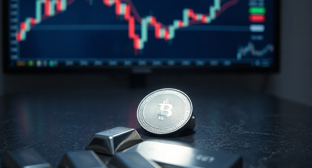 Silver bullion coins and bars on dark stone surface with financial chart in background