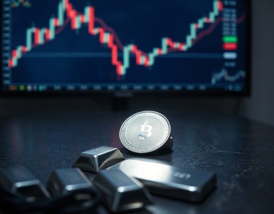 Silver bullion coins and bars on dark stone surface with financial chart in background