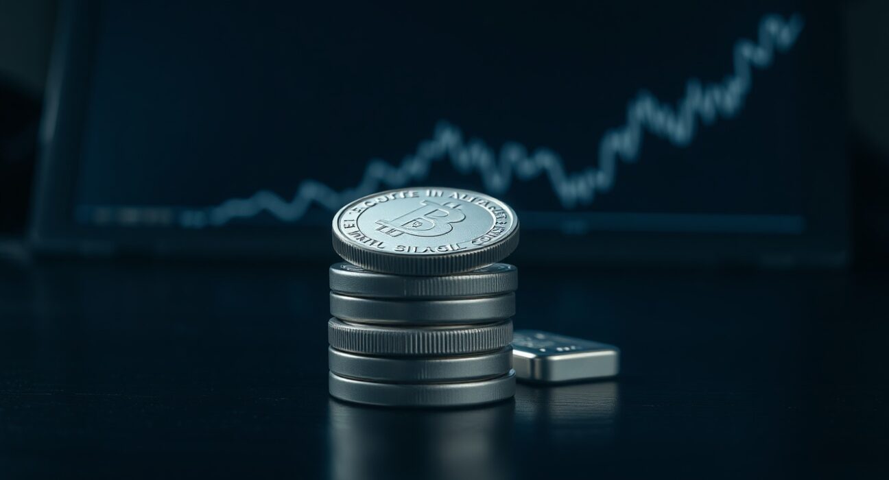 Silver bullion coins and bars on a dark surface with a graph in the background