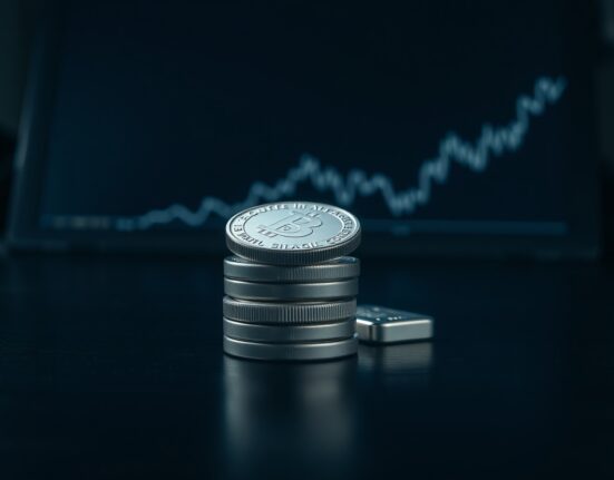 Silver bullion coins and bars on a dark surface with a graph in the background