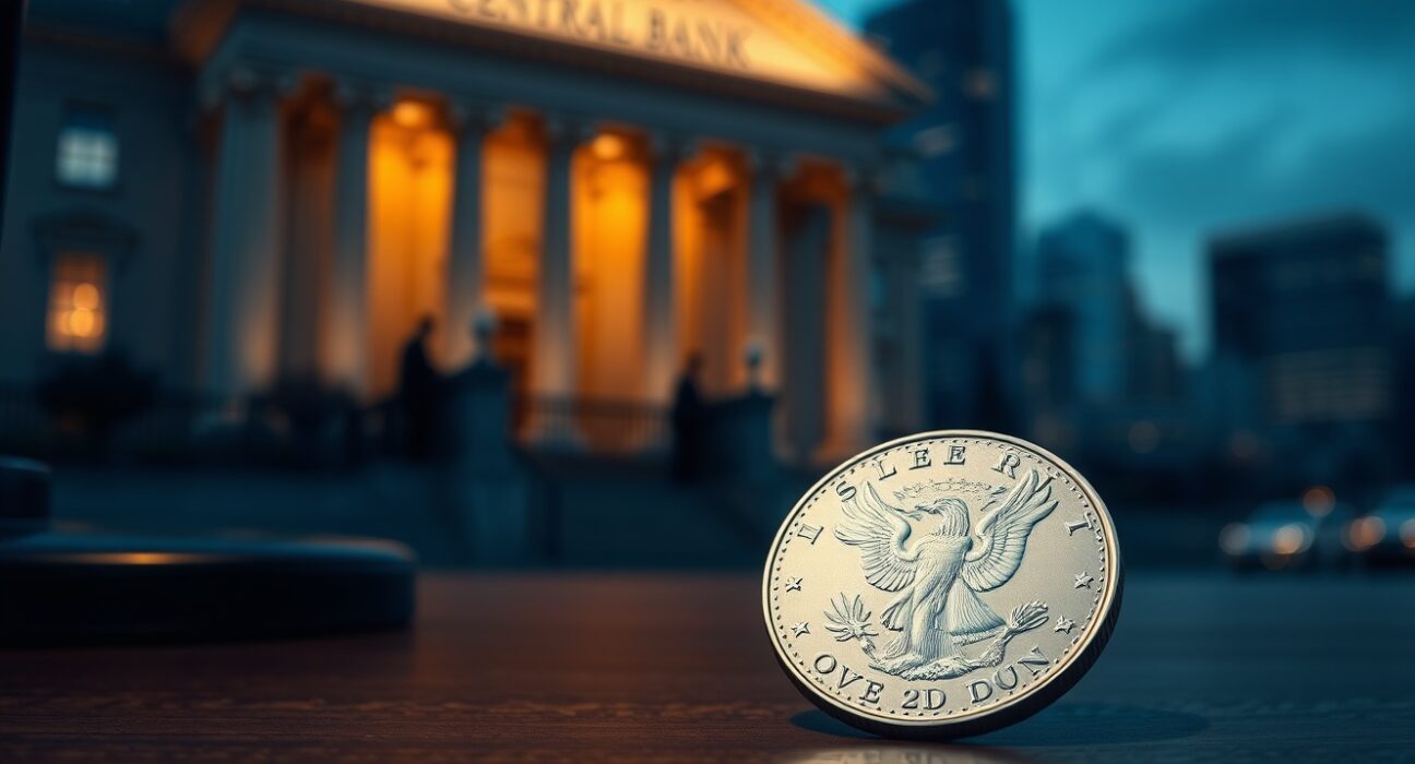 Silver price forecast analysis: XAG/USD coin near central bank building representing market volatility and policy impact