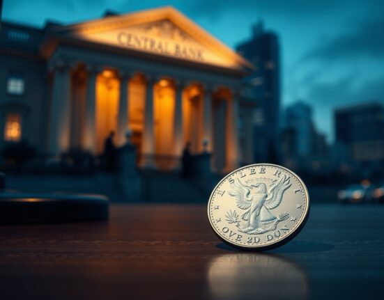 Silver price forecast analysis: XAG/USD coin near central bank building representing market volatility and policy impact