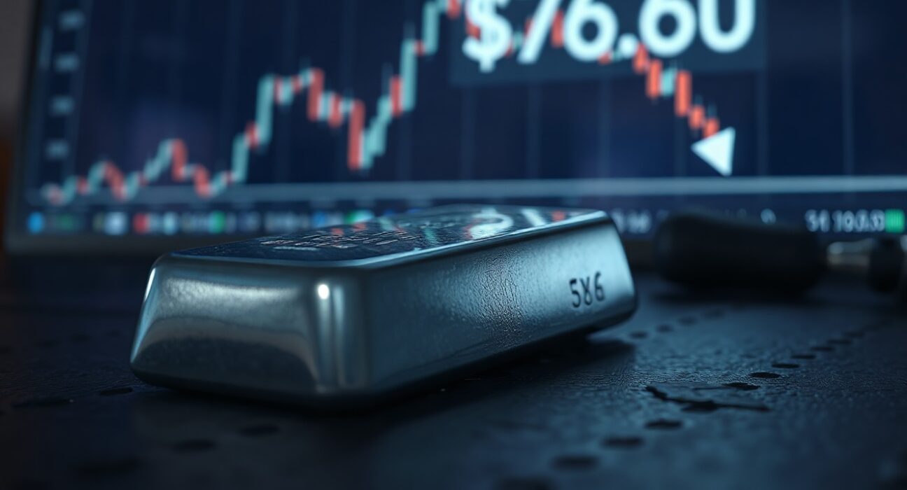 Silver bar with financial chart showing price pressure near $76.60 amid rising US yields