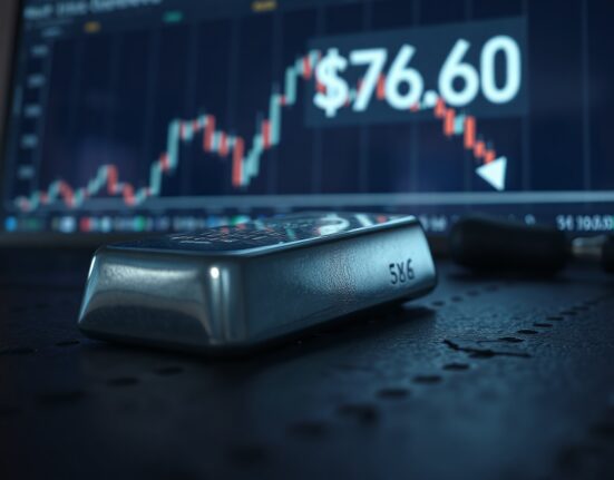 Silver bar with financial chart showing price pressure near $76.60 amid rising US yields