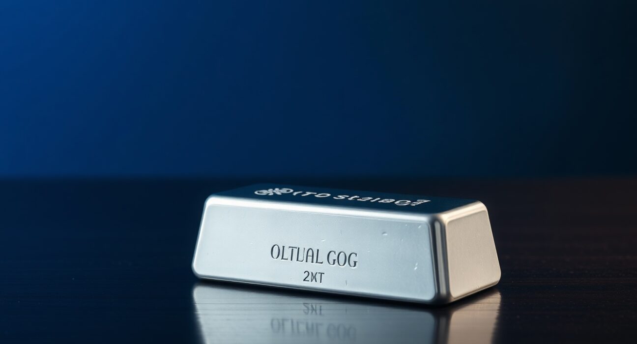 Silver bar reflecting light on a dark wooden surface in a financial trading setting