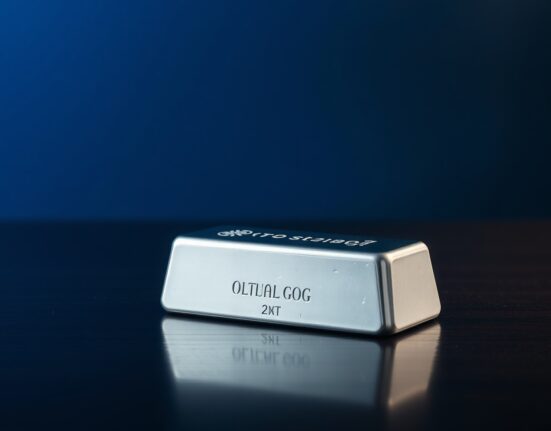 Silver bar reflecting light on a dark wooden surface in a financial trading setting