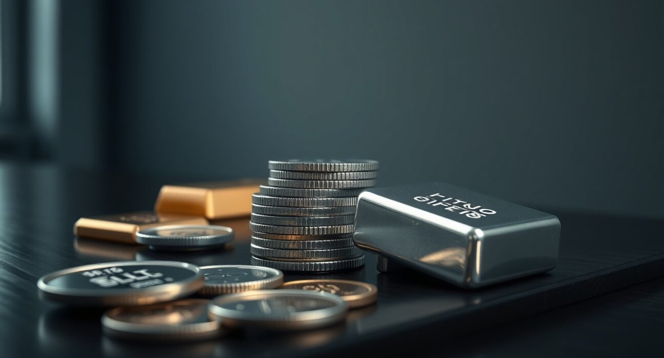 Stack of polished silver bars and coins on a dark wooden table representing silver price rally