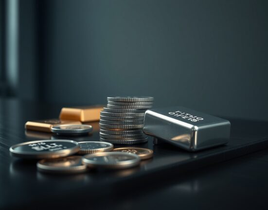Stack of polished silver bars and coins on a dark wooden table representing silver price rally