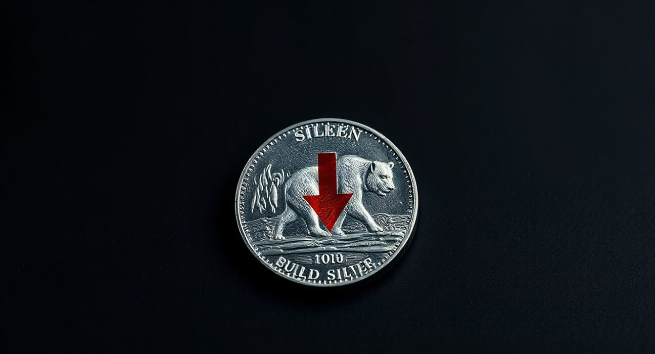 Silver bullion coin with a red downward arrow reflecting bearish market sentiment