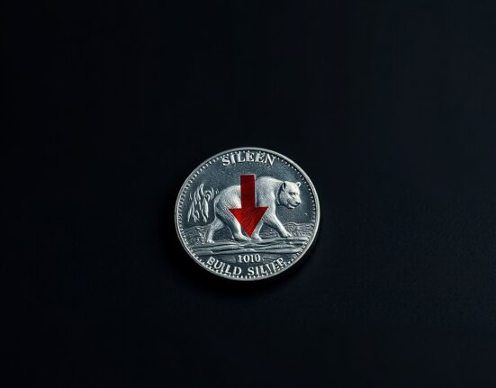Silver bullion coin with a red downward arrow reflecting bearish market sentiment